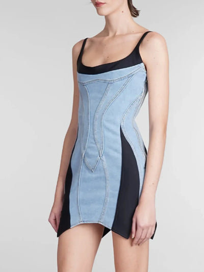 Contrast Adjustable Strap Denim Dress